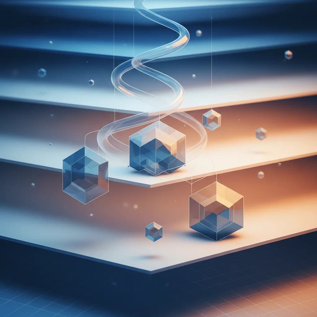 Ilustración abstracta de marcos geométricos interconectados representando sistemas de IA responsable de Microsoft