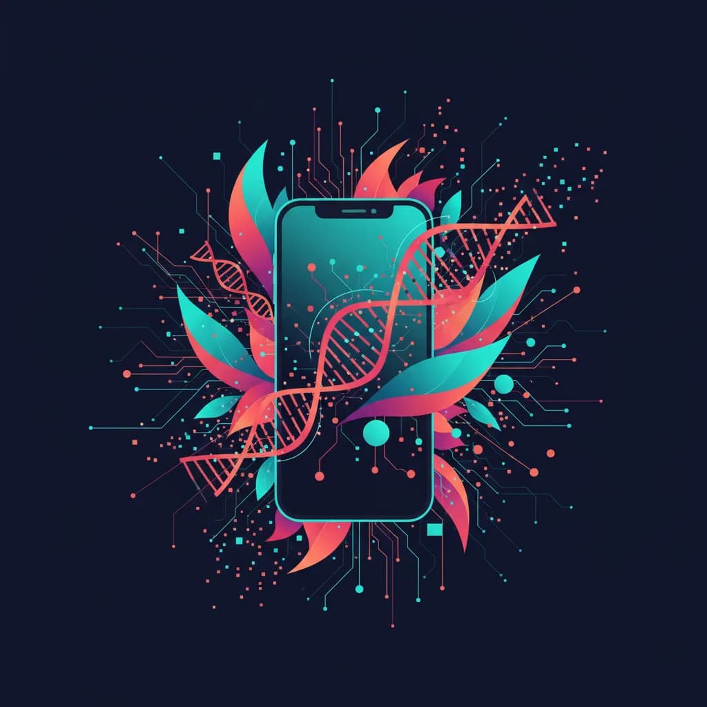 Ilustración abstracta de smartphone con ondas de datos y patrones neurales para combatir comercio ilegal