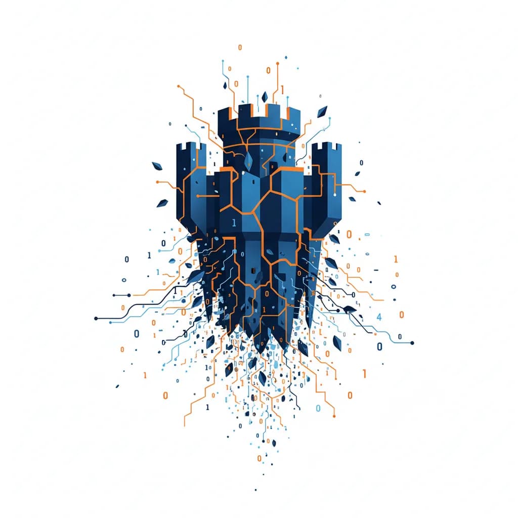 Ilustración abstracta de estructura digital fracturada con partículas dispersándose, representando vulnerabilidad