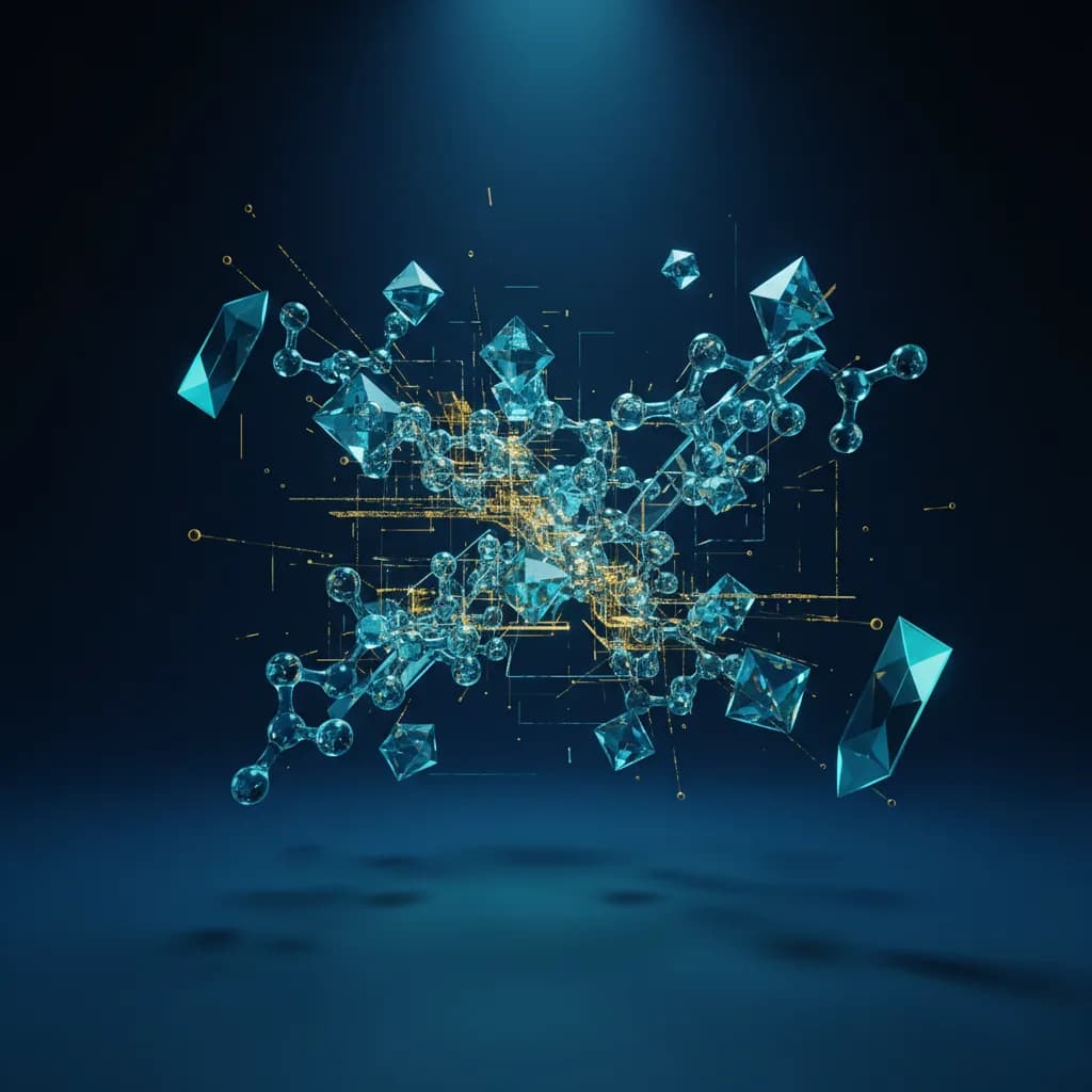 Ilustración abstracta de moléculas farmacéuticas conectadas con patrones de IA en colores azul y dorado