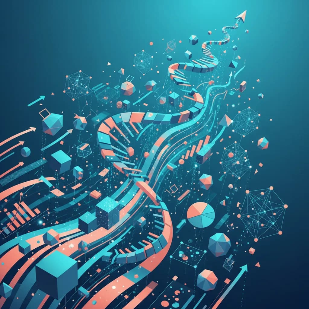 Ilustración conceptual de formas geométricas ascendentes con gradientes vibrantes representando IA y crecimiento