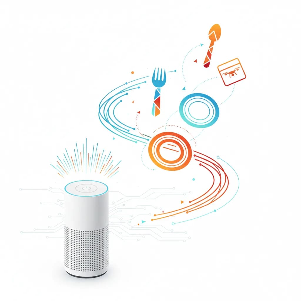 Ilustración conceptual de asistente de voz conectando con servicios de entrega de comida mediante formas geométricas
