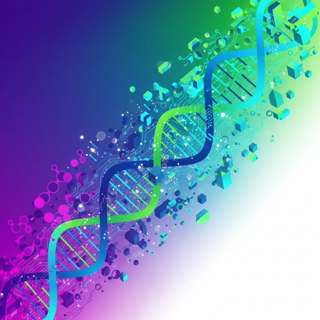 Ilustración abstracta de ADN digital fusionándose con redes neurales en colores vibrantes azul y verde
