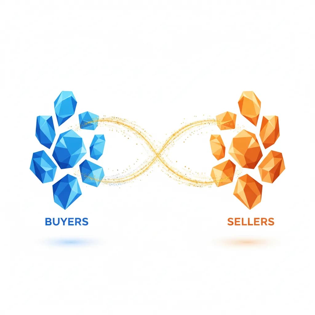 Ilustración abstracta de formas geométricas interconectadas representando agentes de IA en comercio digital