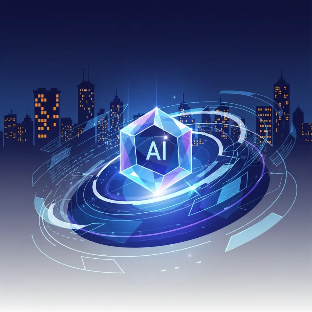 Ilustración editorial abstracta de IA defensiva con formas cristalinas y escudos protectores en colores vibrantes