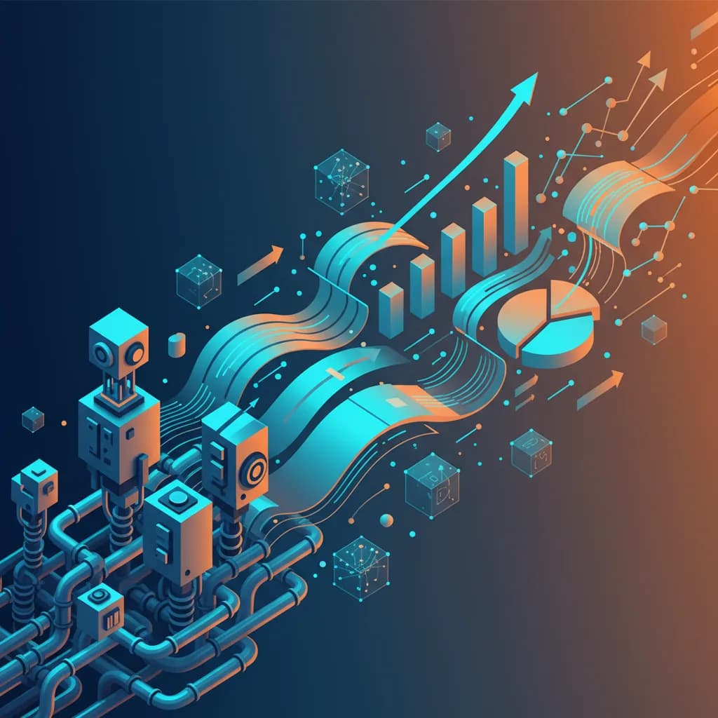 Ilustración abstracta de robots industriales transformándose en flujos de datos digitales con colores vibrantes