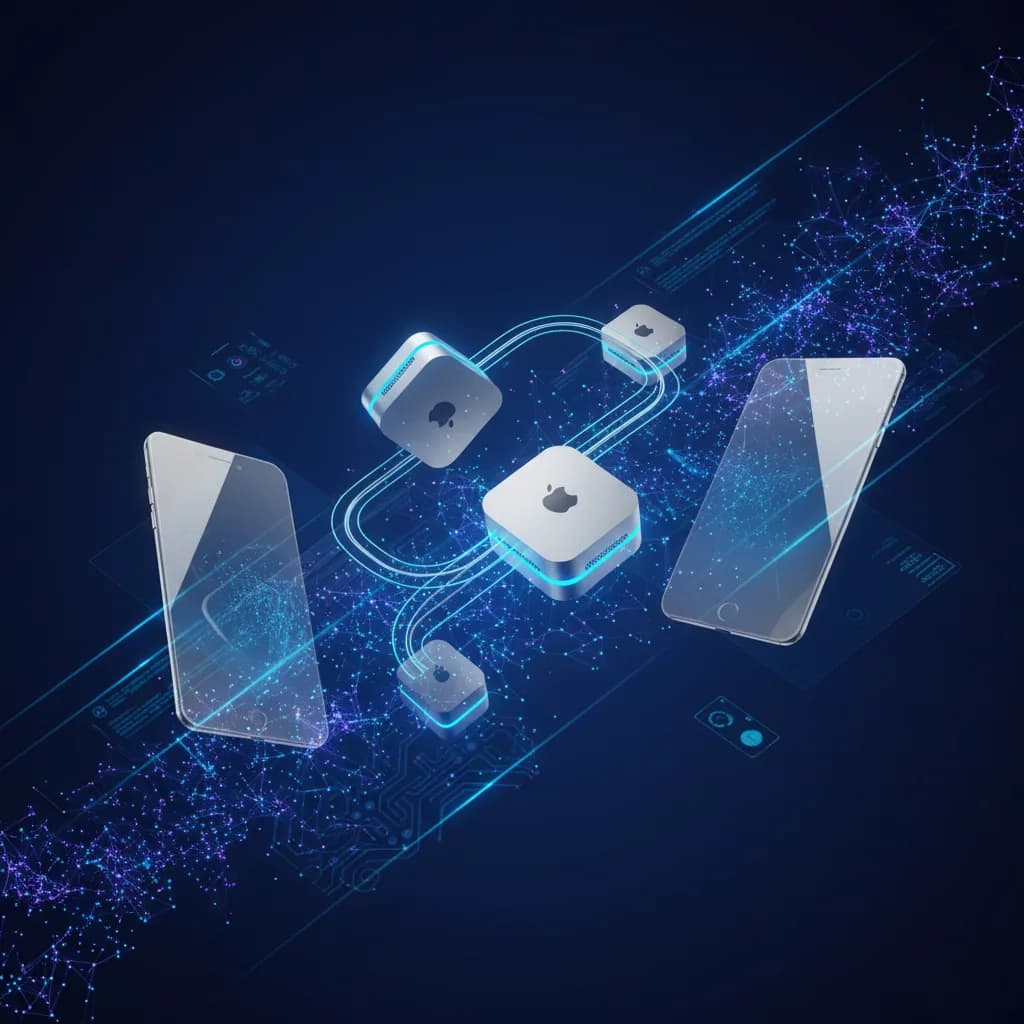 Ilustración abstracta de dispositivos conectados con flujos de IA para control remoto empresarial