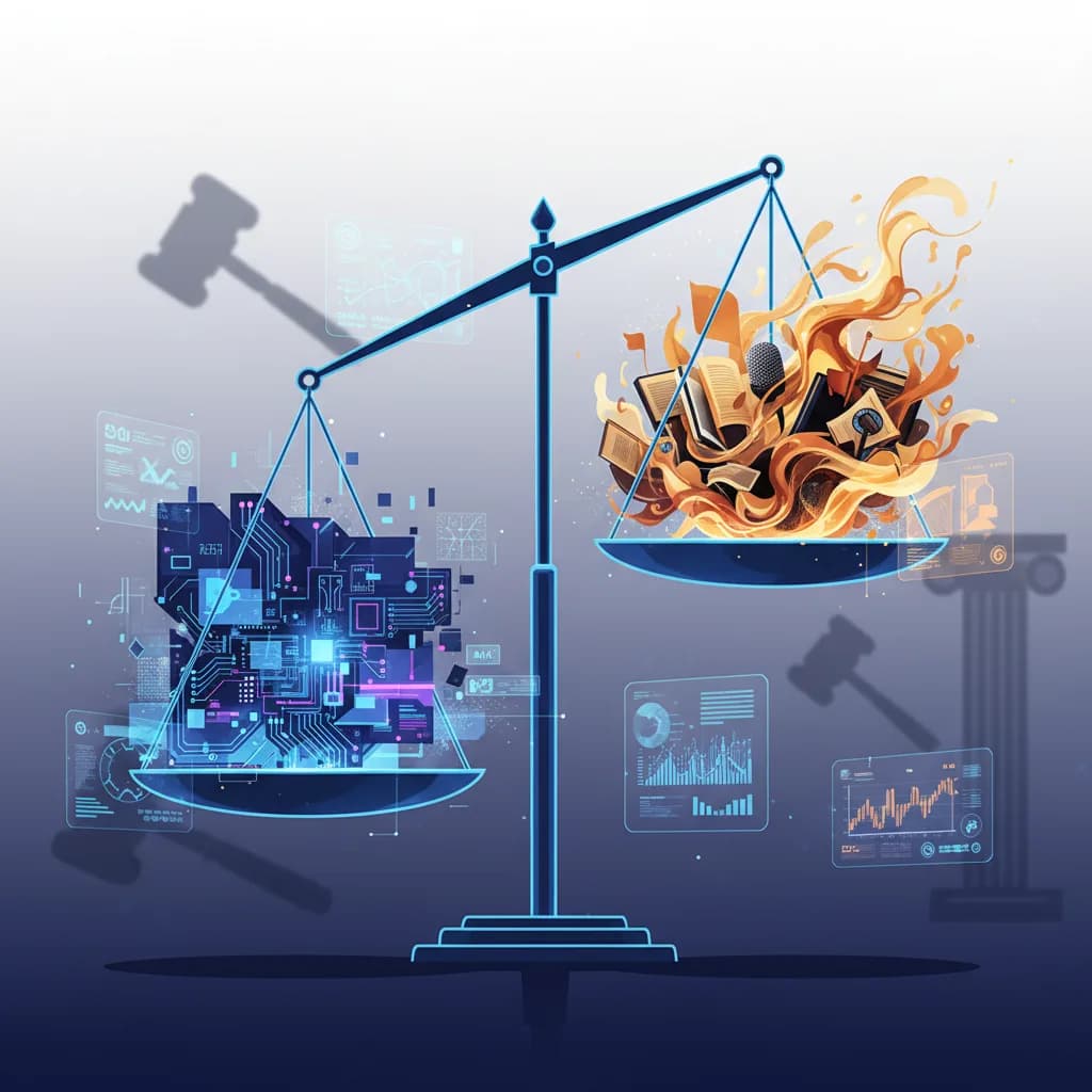 Ilustración conceptual de una balanza digital con patrones de IA evaluando el periodismo en colores azul y ámbar