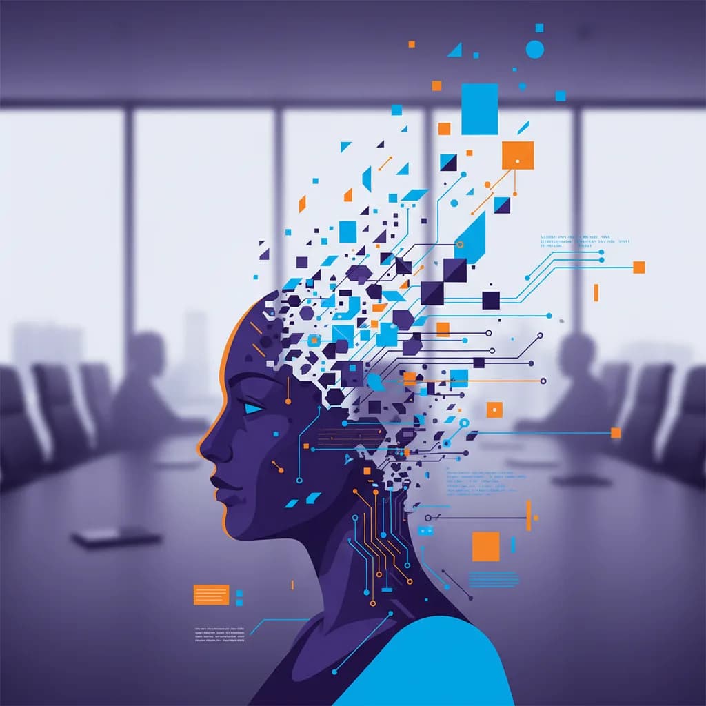 Ilustración editorial abstracta de rostros digitales fragmentándose en partículas con colores vibrantes