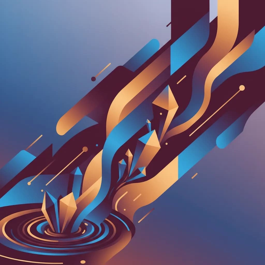 Ilustración abstracta de transformación digital empresarial con formas geométricas interconectadas en colores vibrantes