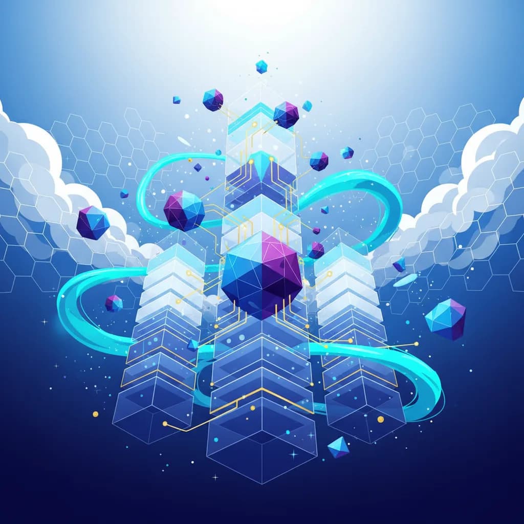 Ilustración abstracta de redes neuronales y infraestructura cloud con colores vibrantes representando IA empresarial