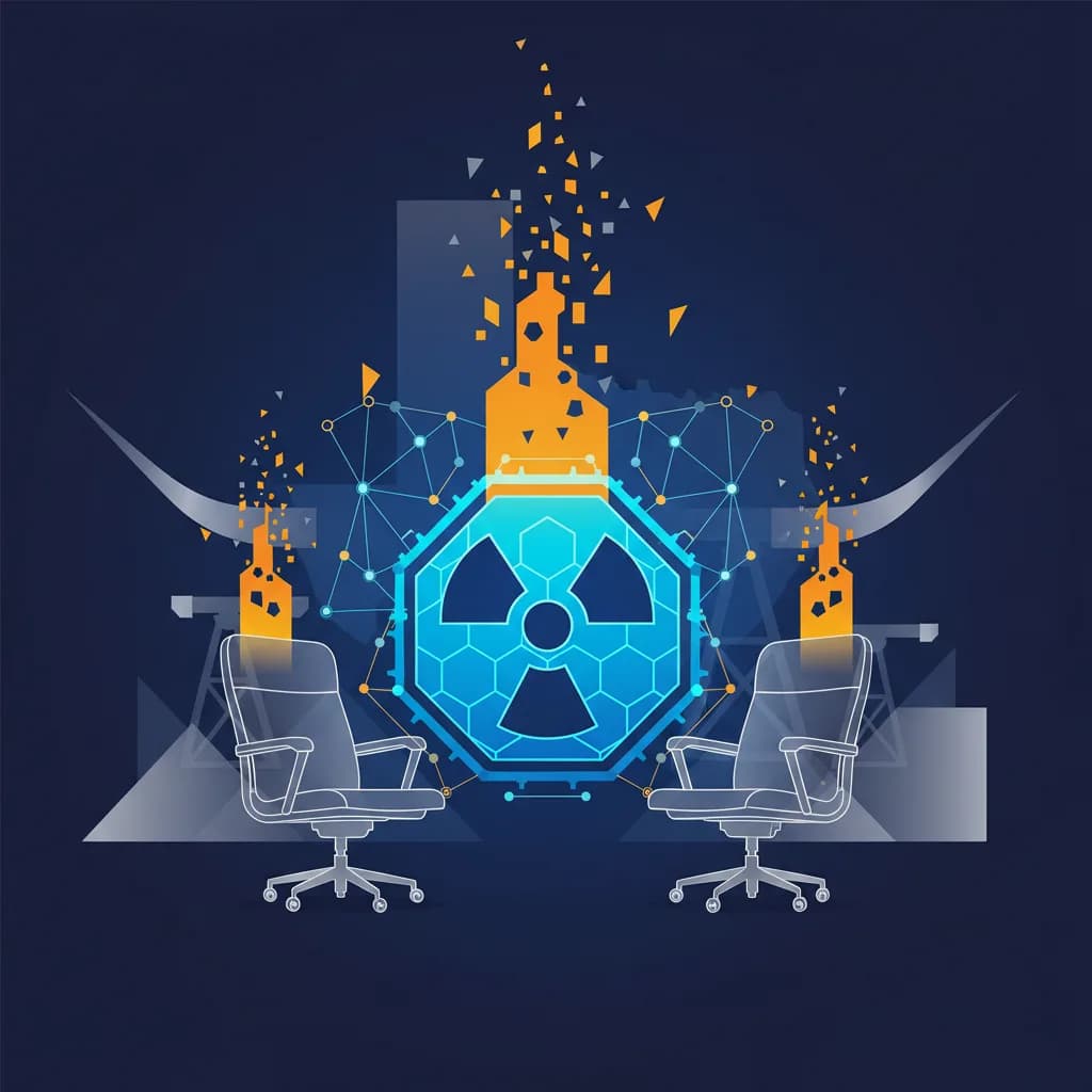 Ilustración abstracta de liderazgo fragmentado en startup de energía nuclear con IA, formas geométricas y colores vibrantes