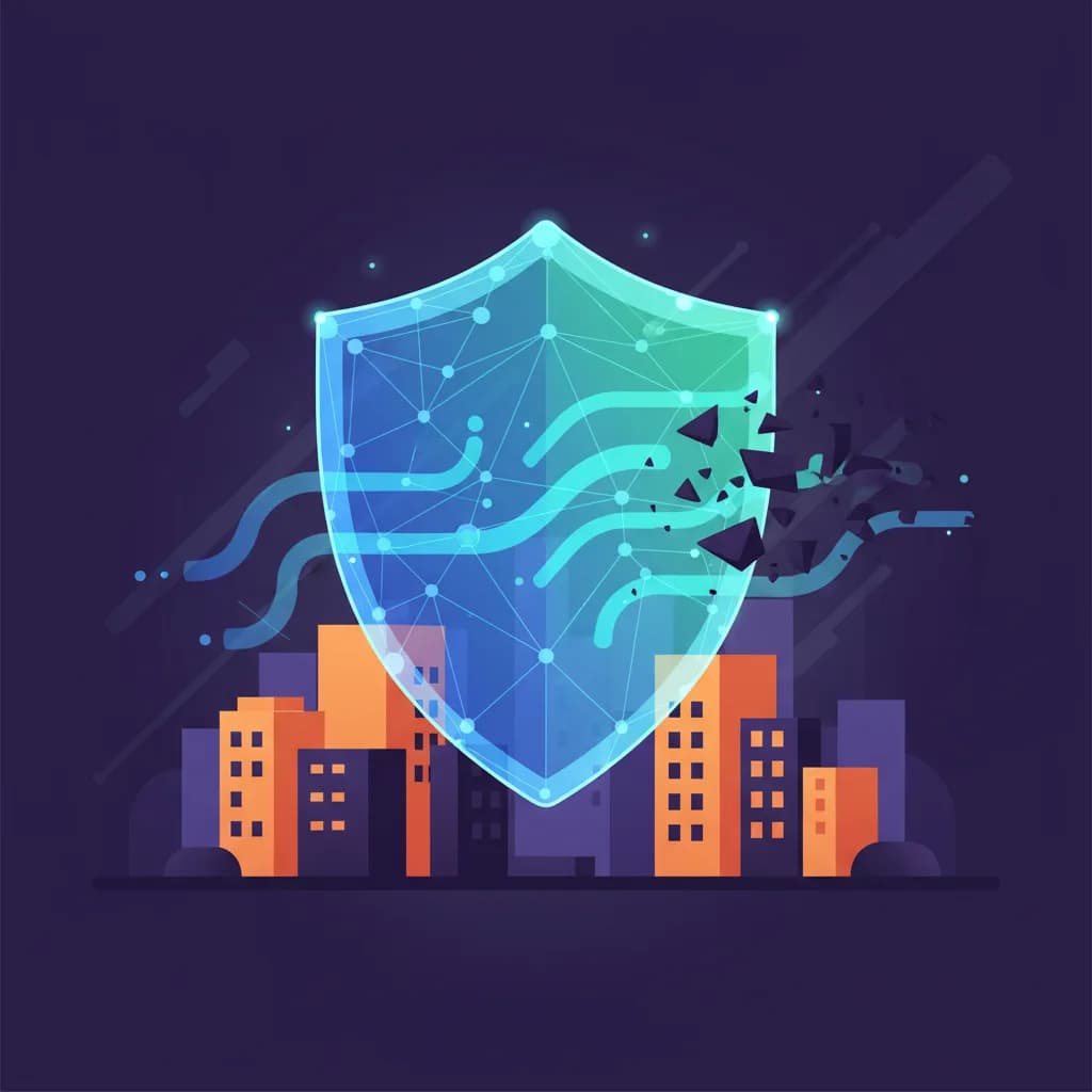 Ilustración conceptual de un escudo digital protegiendo edificios corporativos, representando la protección de Google