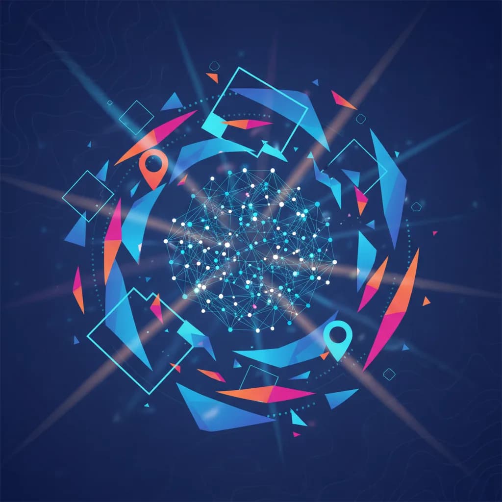 Ilustración abstracta de inteligencia artificial y mapas digitales con formas geométricas en azul y naranja