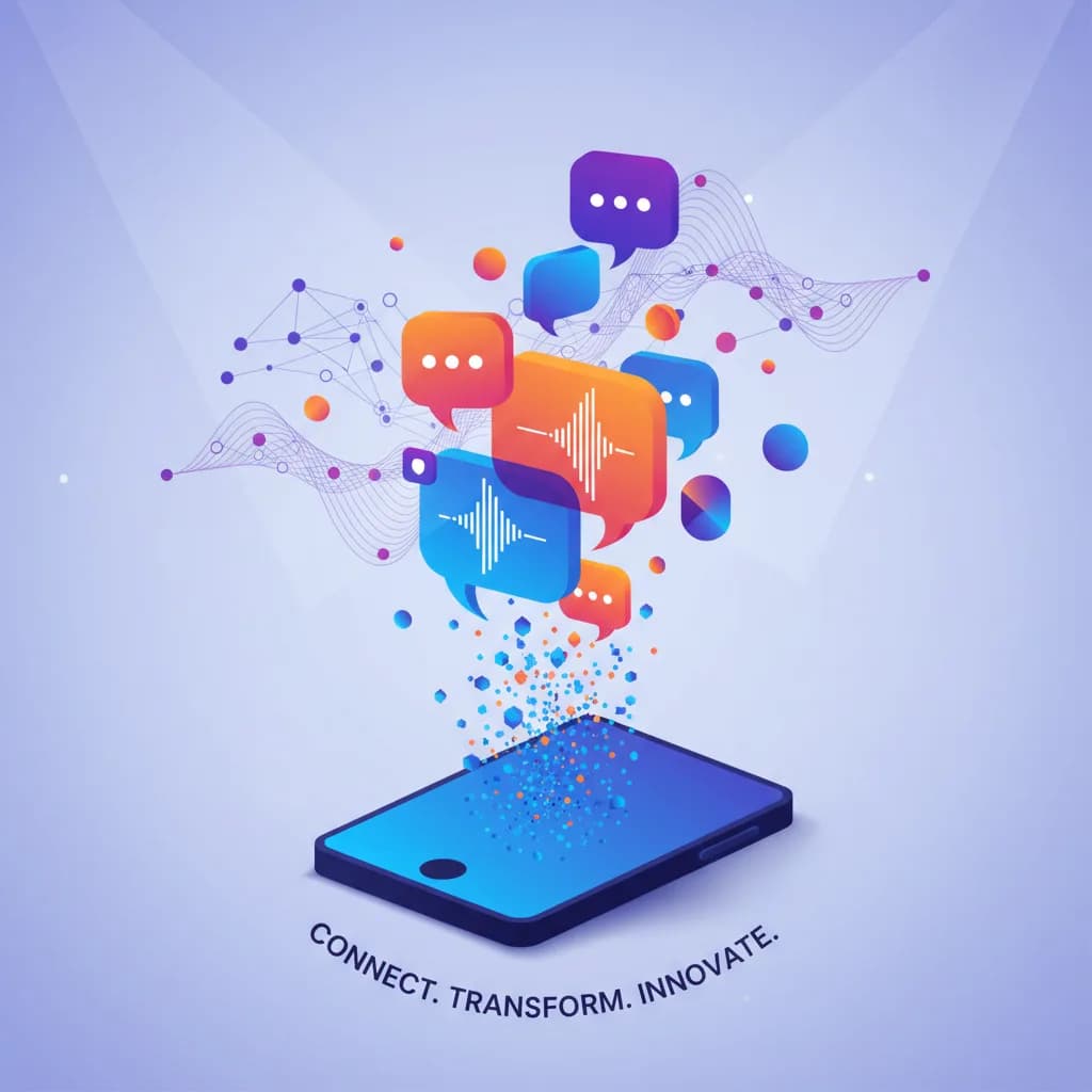 Ilustración editorial abstracta de IA y dictado móvil con ondas sonoras y patrones de red neuronal flotantes