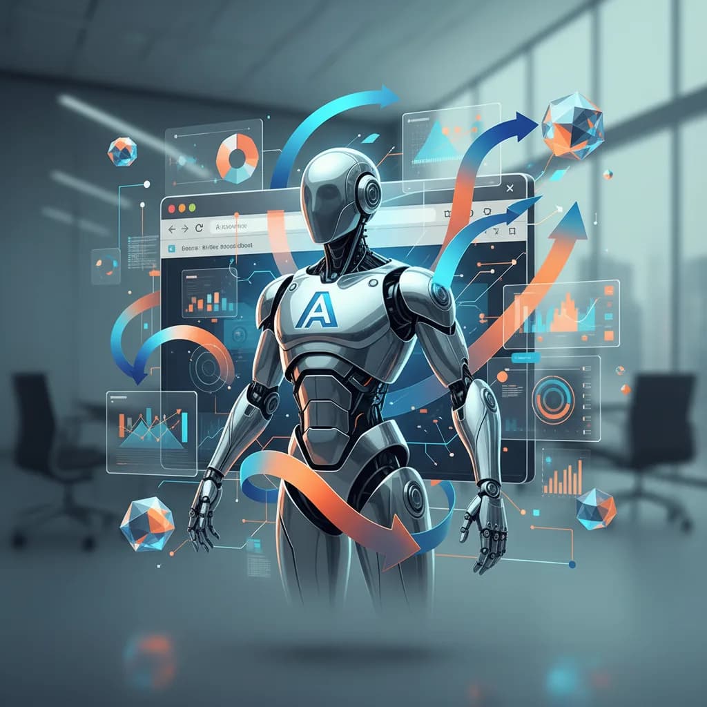 Ilustración editorial abstracta de Chrome transformándose en asistente de IA para automatización empresarial