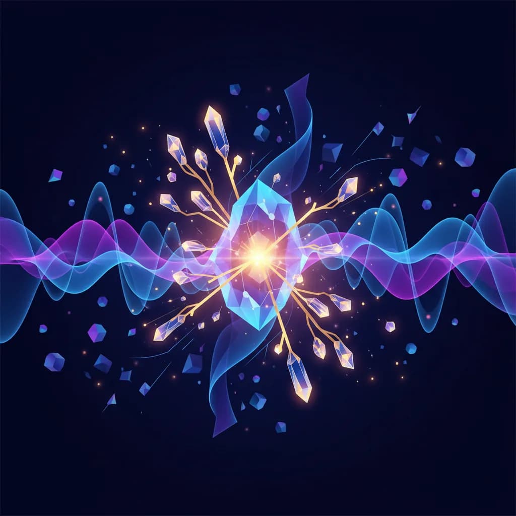 Ilustración abstracta de IA musical con formas geométricas interconectadas y ondas sonoras en colores vibrantes