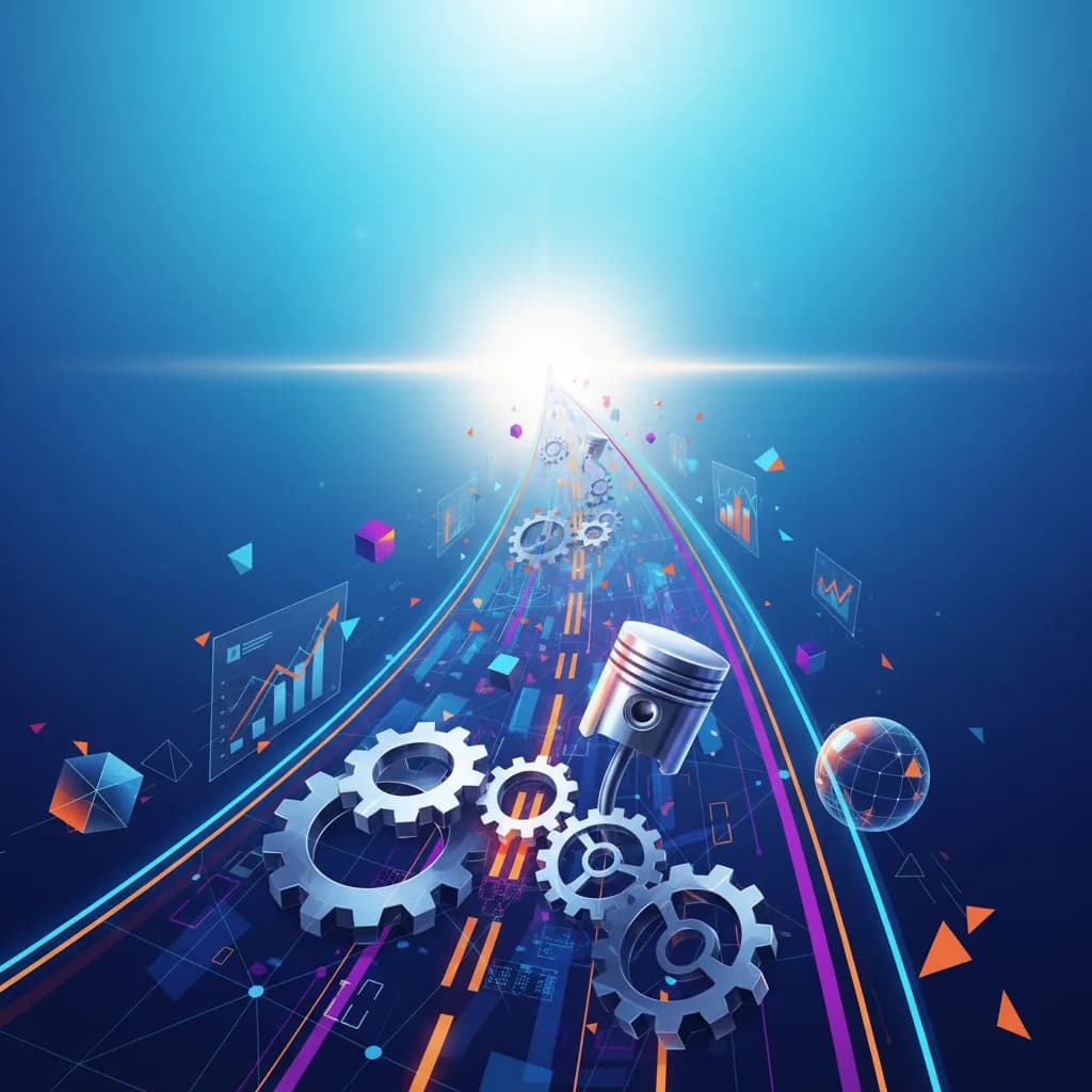 Ilustración abstracta de carretera digital con elementos geométricos representando crecimiento empresarial mediante IA