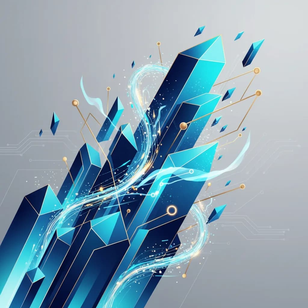 Ilustración abstracta de transformación digital empresarial con formas geométricas y flujos de datos luminosos