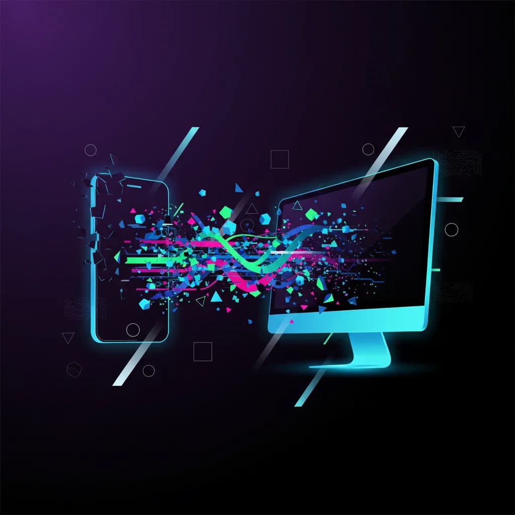 Ilustración abstracta de transformación tecnológica con móvil fragmentándose y reformándose como monitor desktop