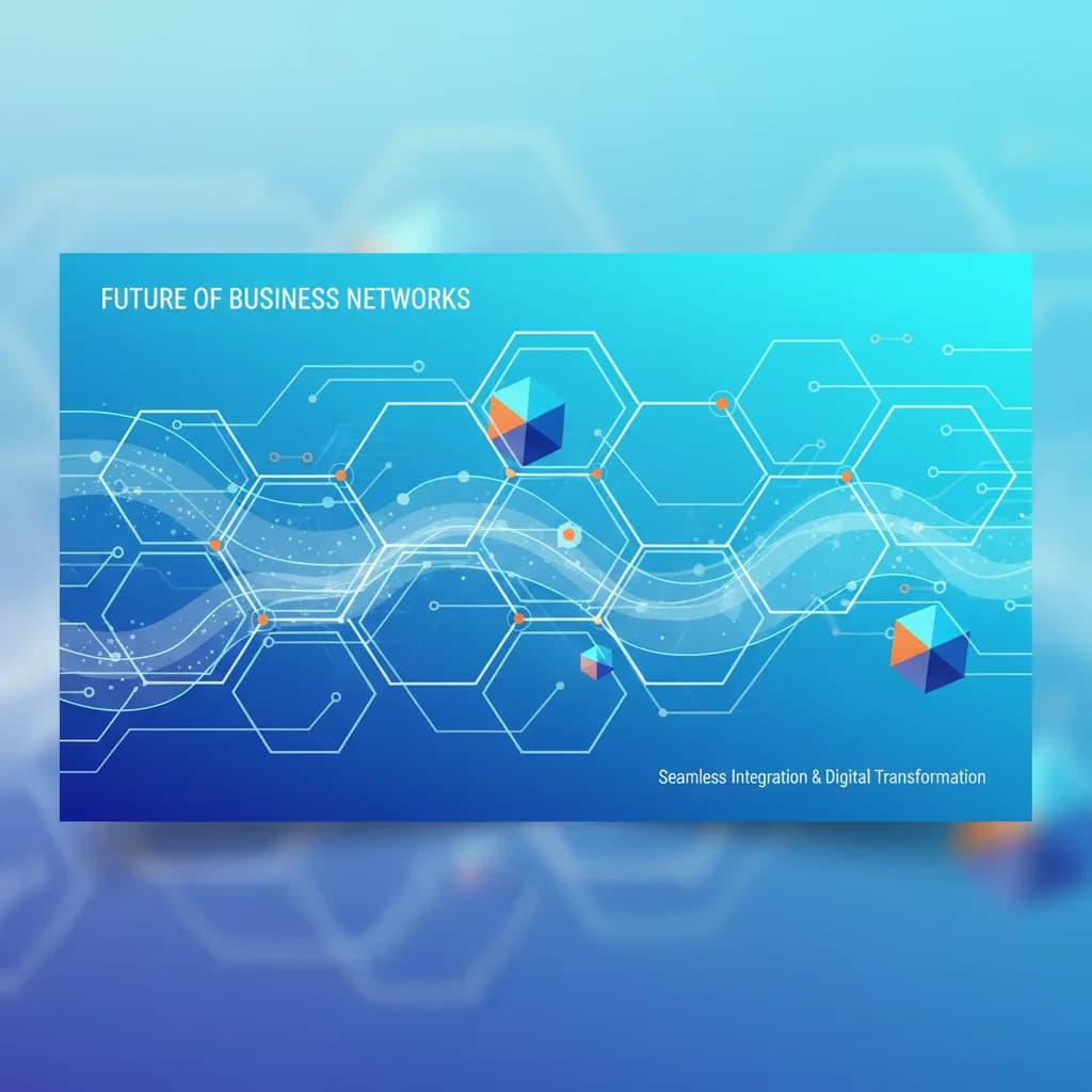 Ilustración editorial abstracta de redes digitales y transformación tecnológica empresarial con colores azul y teal