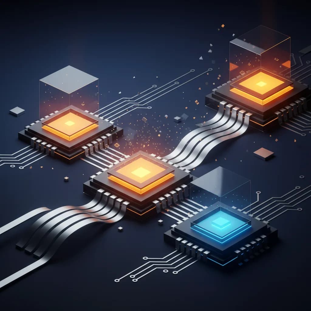 Ilustración abstracta de chips de CPU interconectados con geometrías flotantes y flujos de datos luminosos