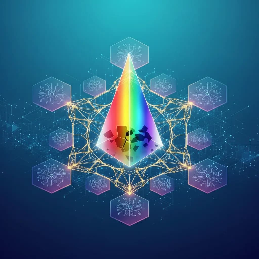 Ilustración abstracta con prisma transparente y paneles hexagonales representando equidad salarial e IA empresarial