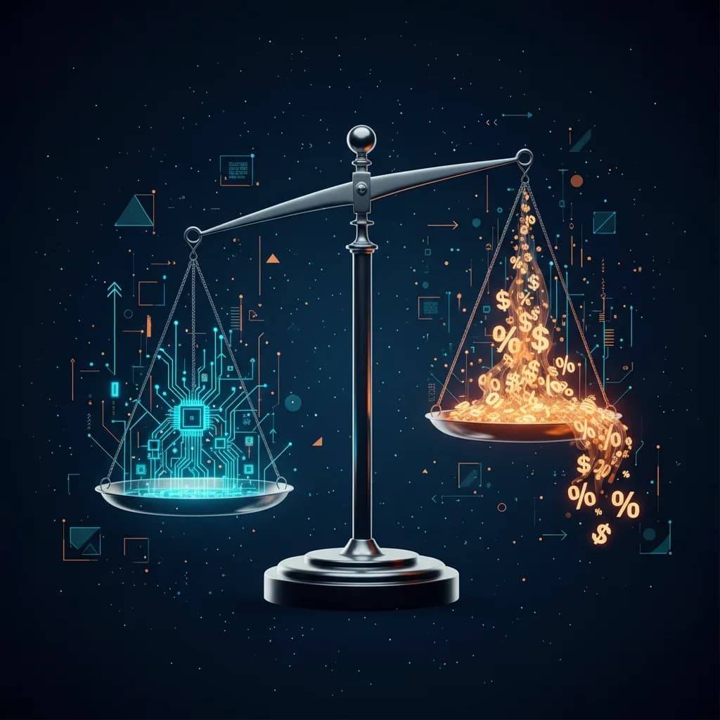 Ilustración abstracta de una balanza con patrones de IA y símbolos económicos, representando causas de declive laboral