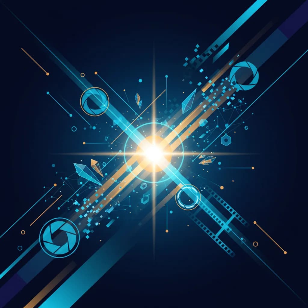 Ilustración editorial abstracta con haces de luz geométricos y elementos digitales representando IA en producción