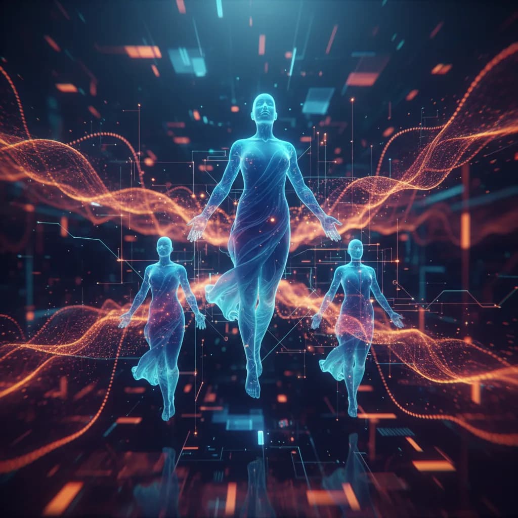 Ilustración abstracta de gemelos digitales humanos con datos fluidos y conexiones tecnológicas médicas