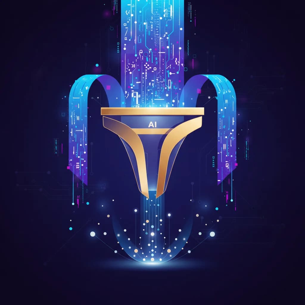 Ilustración abstracta de IA filtrando flujos caóticos de información digital en colores azul y púrpura neón