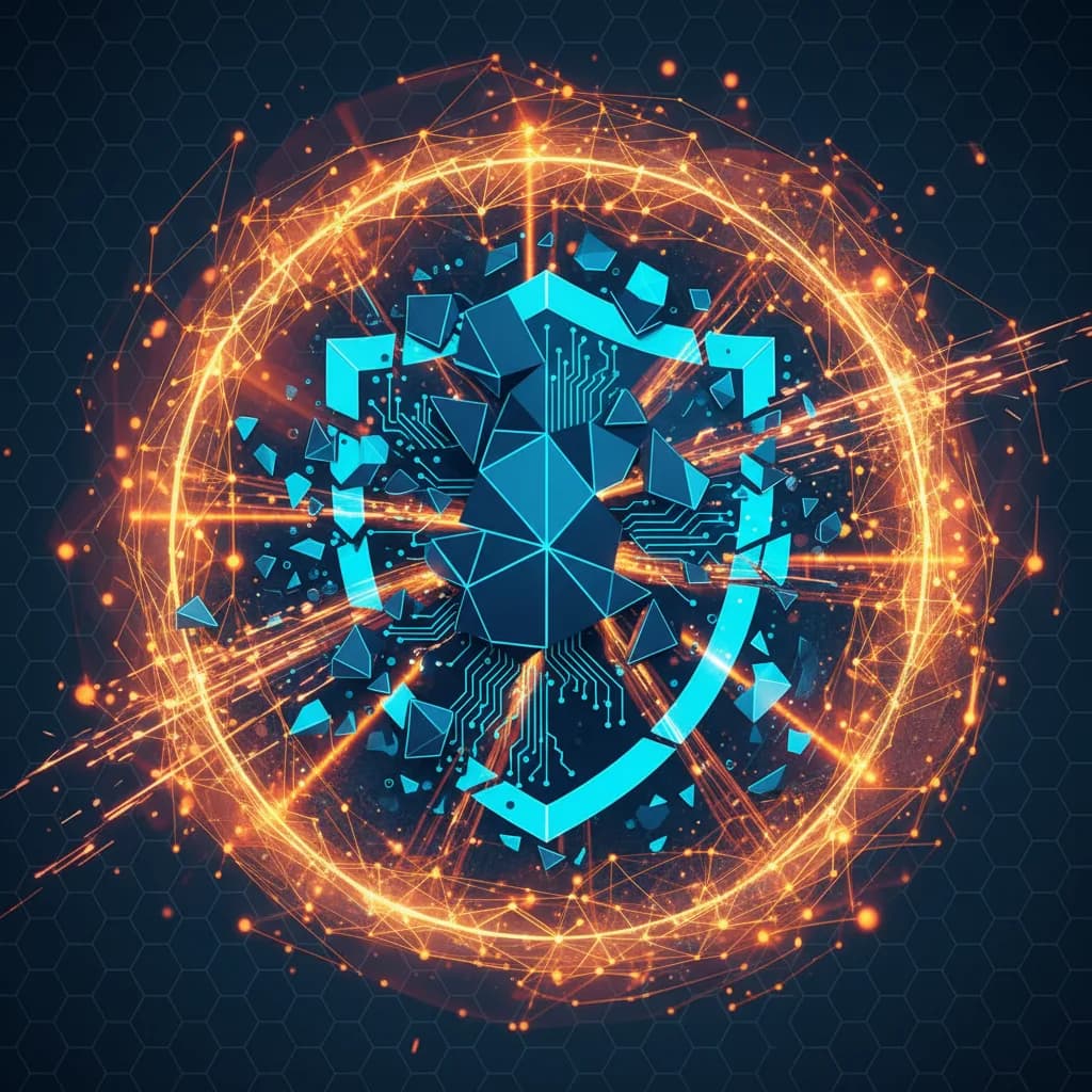 Ilustración abstracta de un escudo digital fragmentado con patrones de circuitos y redes neuronales