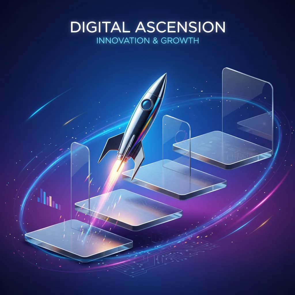 Ilustración abstracta de cohete ascendiendo entre formas geométricas, representando el crecimiento de apps de IA