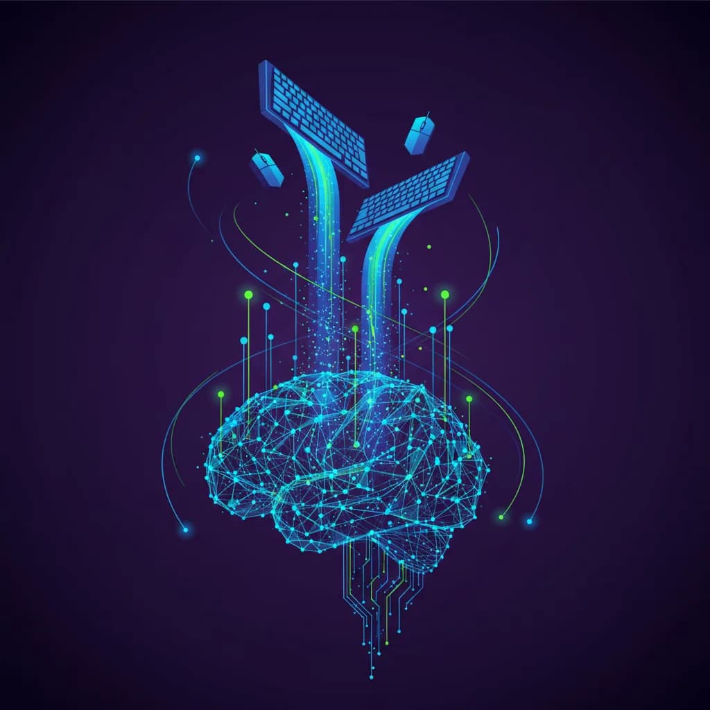 Ilustración abstracta de datos digitales fluyendo desde teclados hacia redes neuronales de IA en colores neón