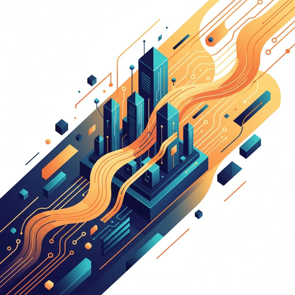 Ilustración abstracta de centro de datos con torres cristalinas y flujos de energía en colores vibrantes