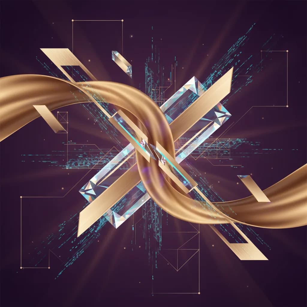 Ilustración abstracta de transformación digital con elementos dorados y cristalinos sobre fondo púrpura premium