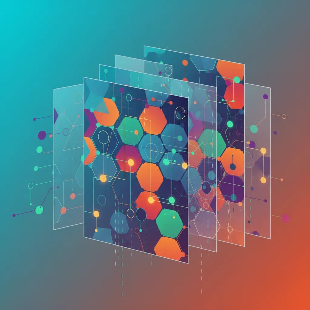 Ilustración abstracta de moderación de contenido con IA mostrando redes neuronales y filtros digitales geométricos