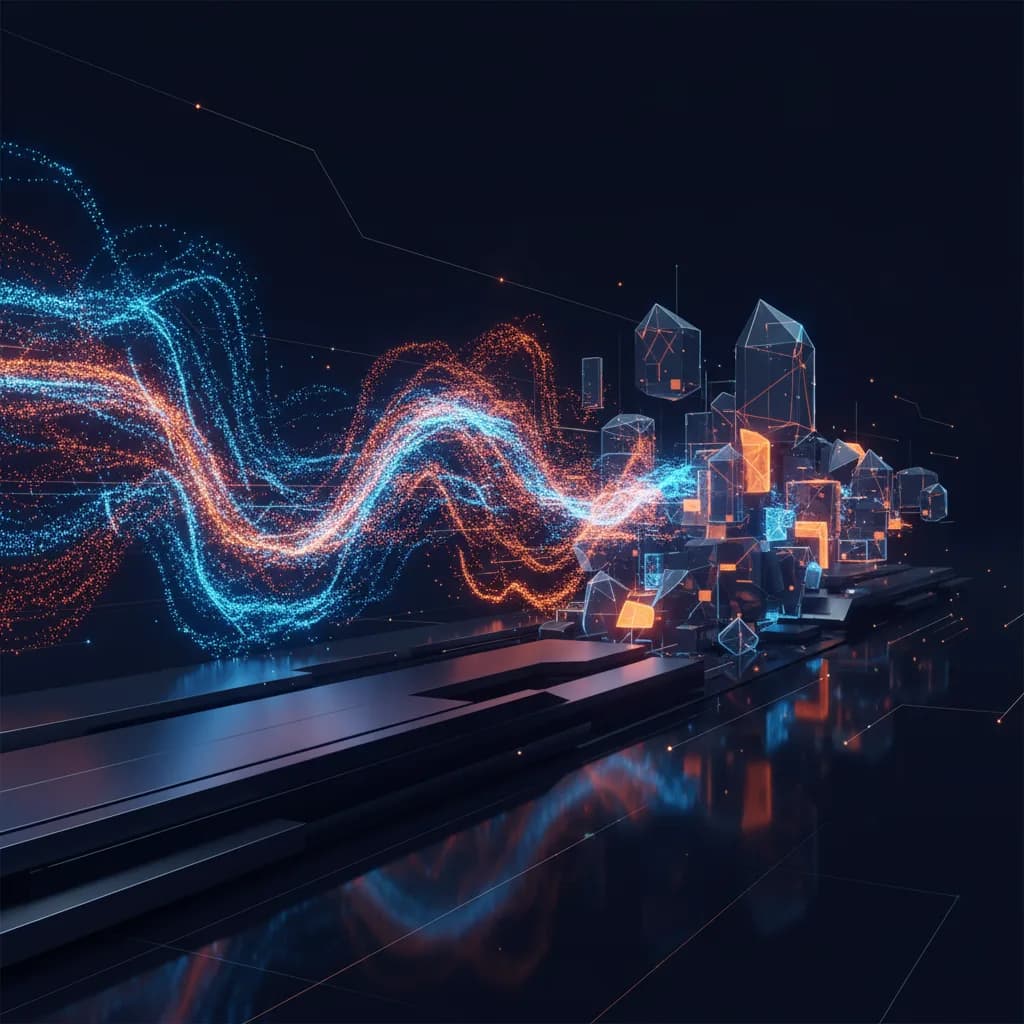 Ilustración abstracta de flujos de datos transformándose en estructuras organizadas para vehículos autónomos