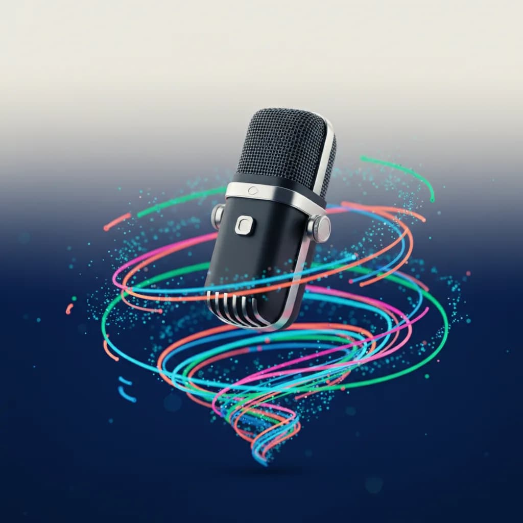 Ilustración conceptual de micrófono geométrico con ondas de colores representando tecnología de dictado IA