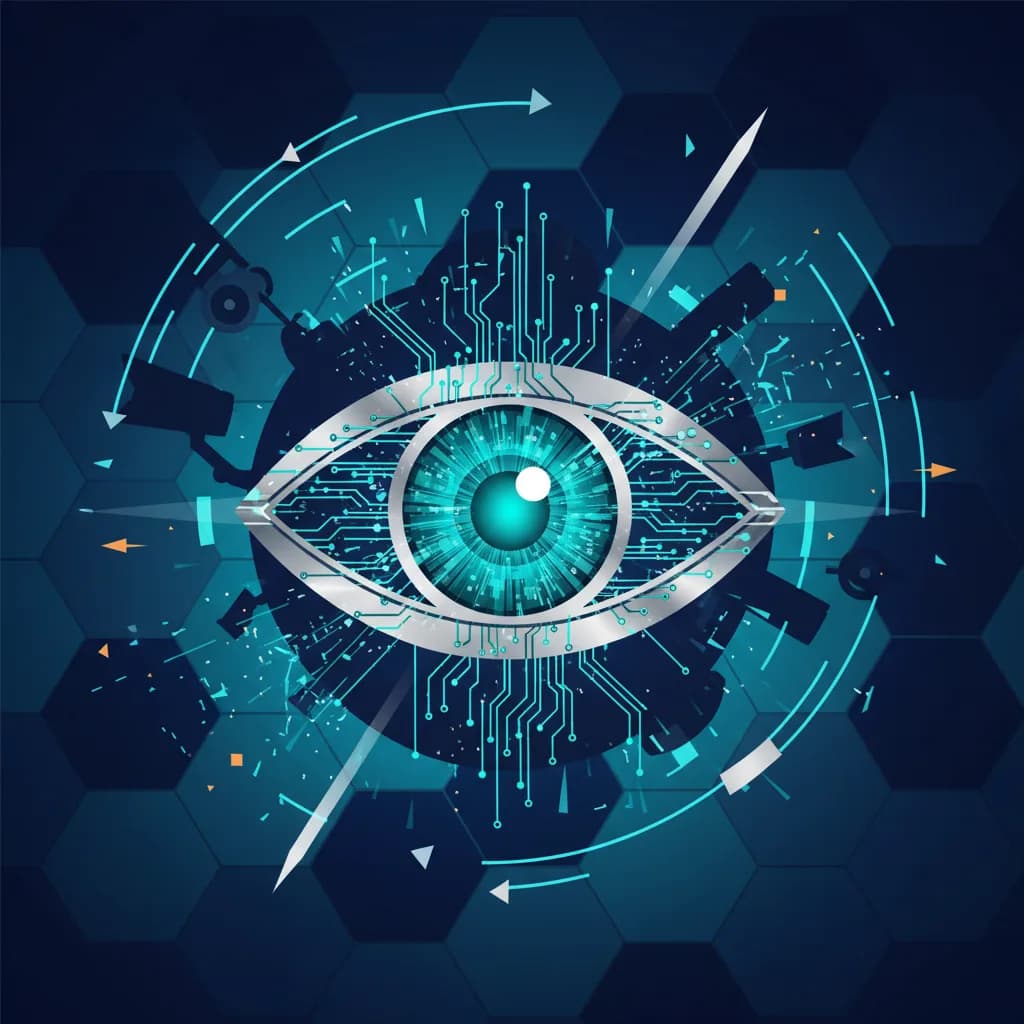 Ilustración conceptual de vigilancia digital con ojo geométrico y patrones tecnológicos en tonos azul y cian