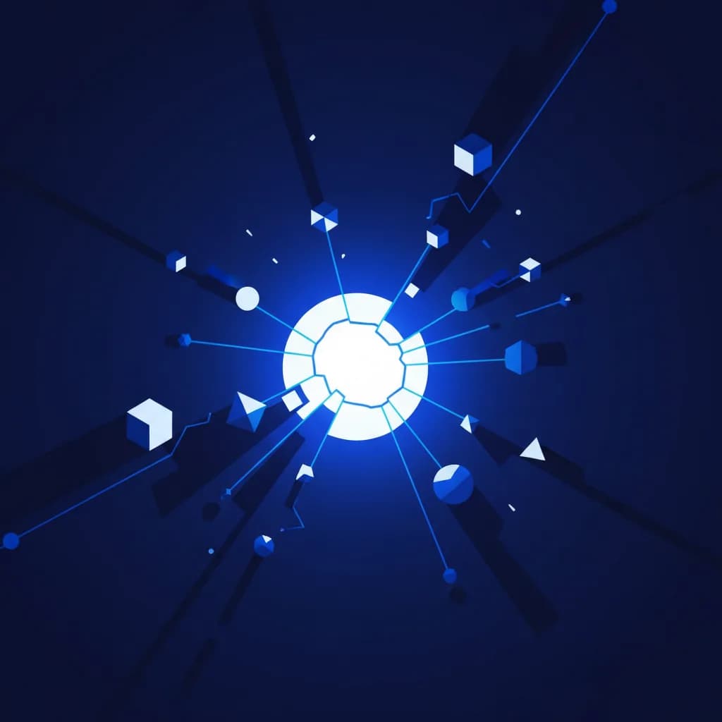 Ilustración editorial abstracta sobre responsabilidad corporativa en inteligencia artificial y tecnología