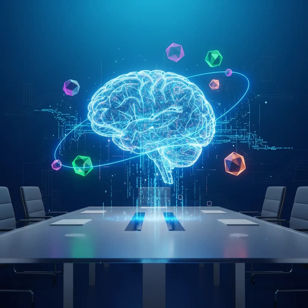 Ilustración conceptual de cerebro robótico brillante con conexiones neurales flotando sobre mesa empresarial