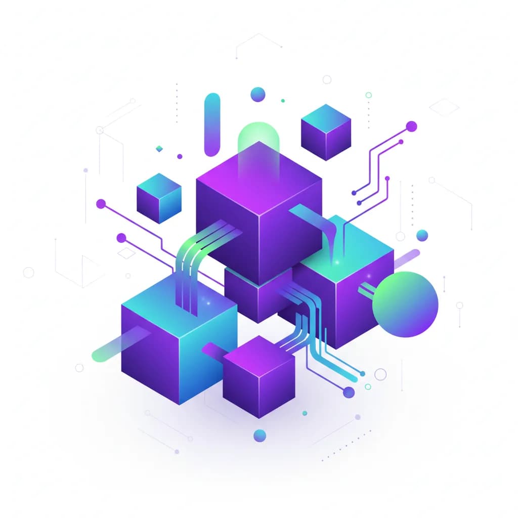 Ilustración abstracta de cubos flotantes conectados con flujos de energía, representando herramientas de IA para desarrollo