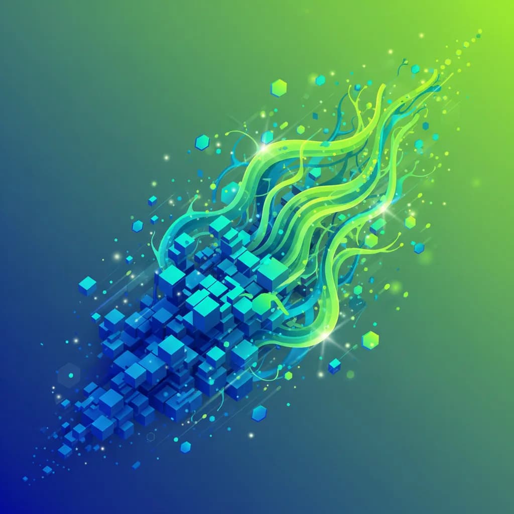 Ilustración abstracta de transformación digital con formas geométricas que evolucionan hacia patrones orgánicos interconectados