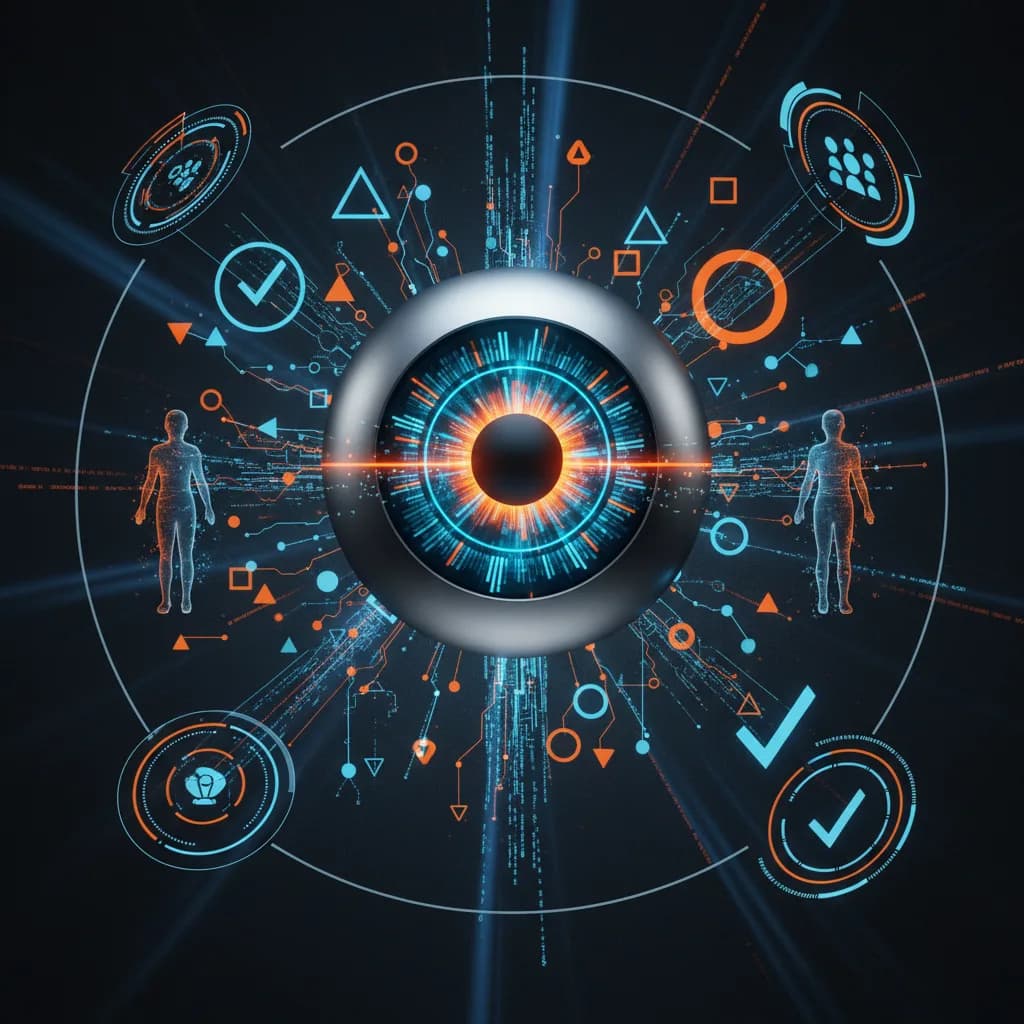 Ilustración conceptual con orbe metálico central rodeado de símbolos de verificación digital y conexiones humanas