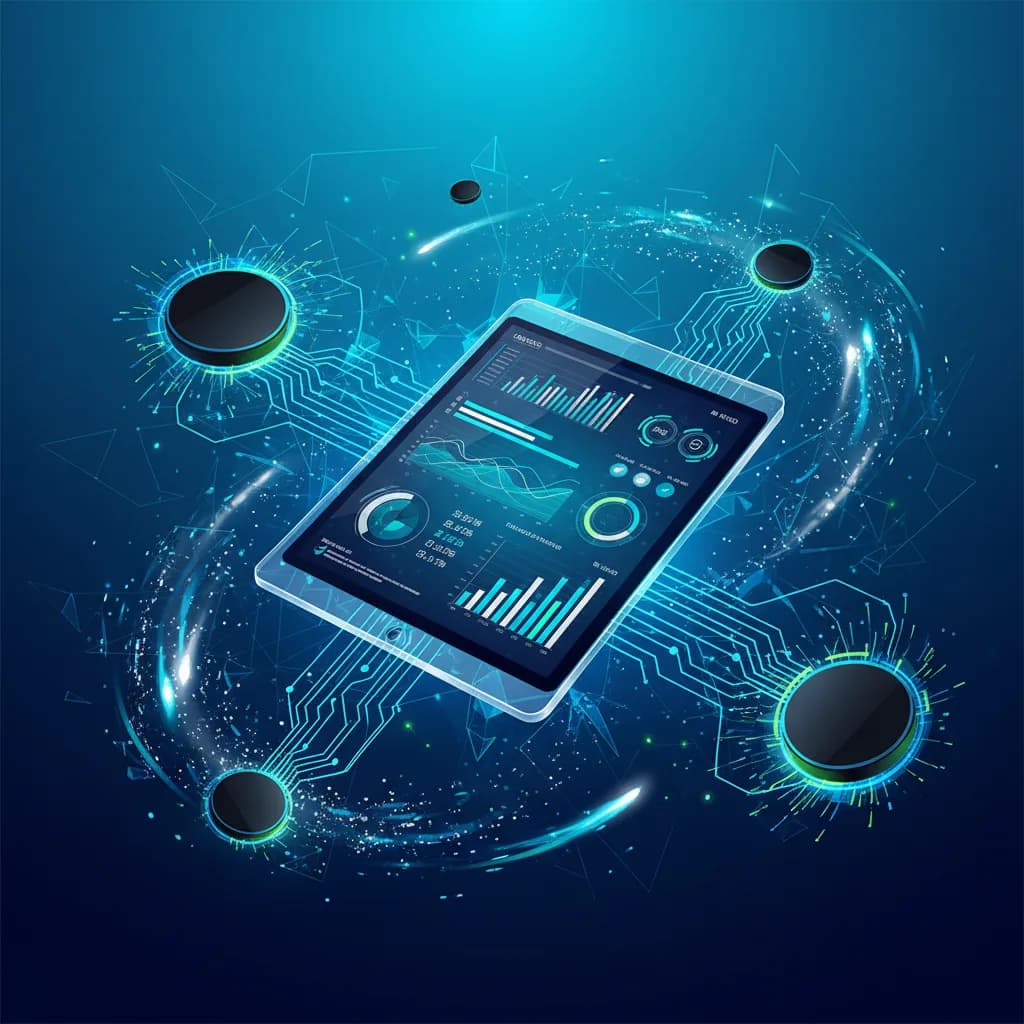 Ilustración abstracta de tablet con datos digitales fluidos para tecnología NHL-SAP en tiempo real