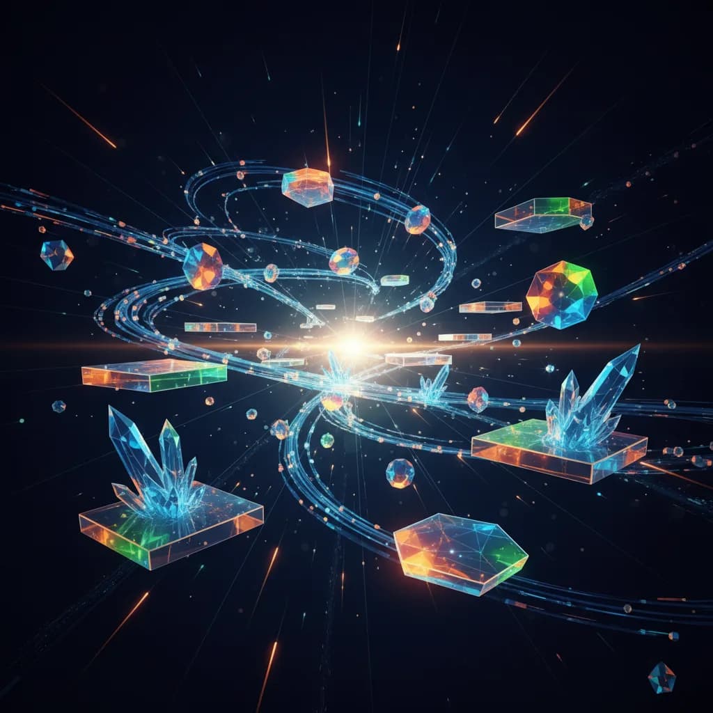 Ilustración abstracta con nodos geométricos conectados y flujos de datos digitales representando innovación empresarial