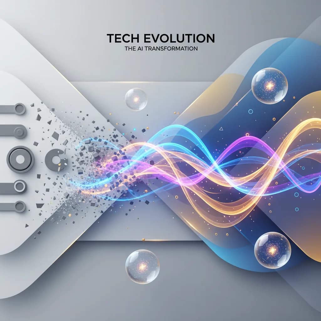 Ilustración abstracta mostrando transformación digital de botones rígidos a flujos orgánicos de energía e inteligencia