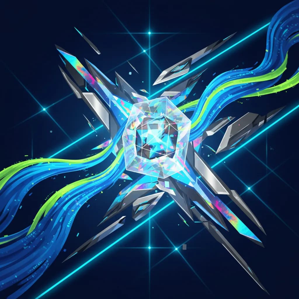 Ilustración abstracta de datos digitales transformándose en energía con colores vibrantes y formas geométricas modernas