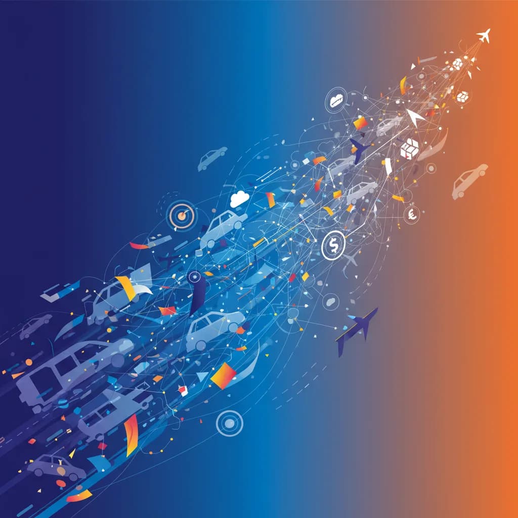 Ilustración abstracta de transformación digital en movilidad con elementos geométricos y redes de datos